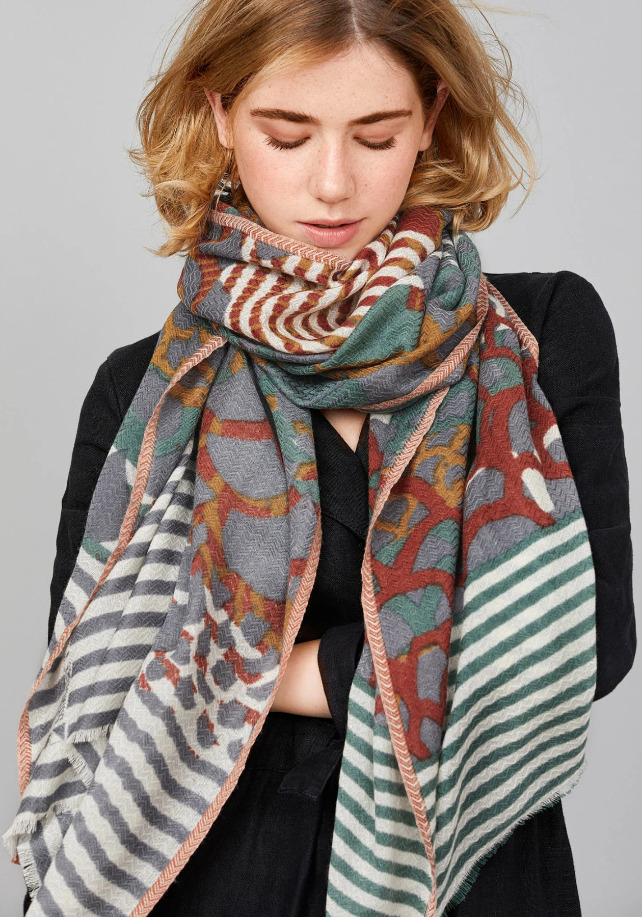 Écharpe laine mérinos vert olive et jaune safran - Céleste