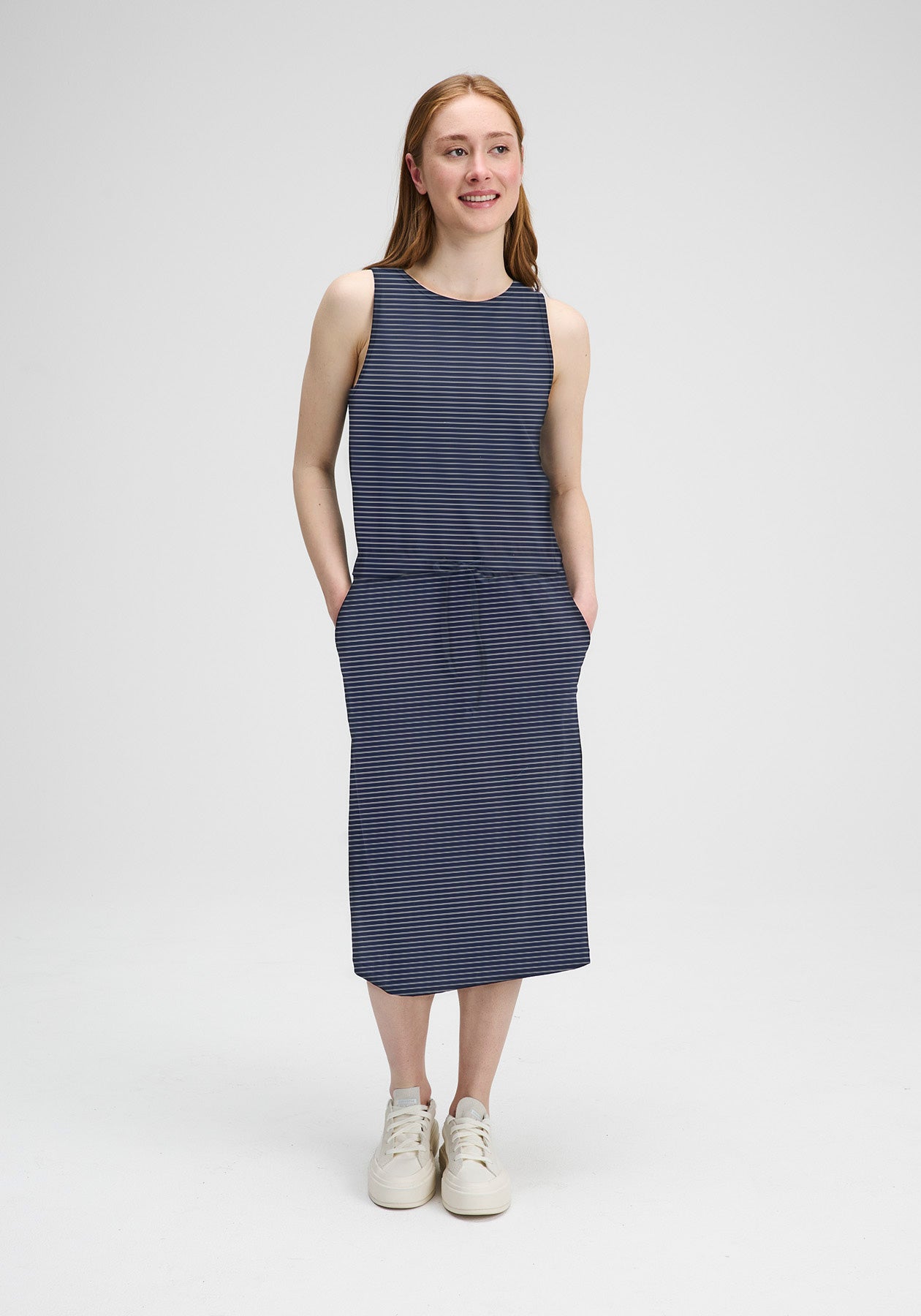 Kim – Sleeveless navy striped Dress in Bamboo and Organic Cotton, Made in Quebec