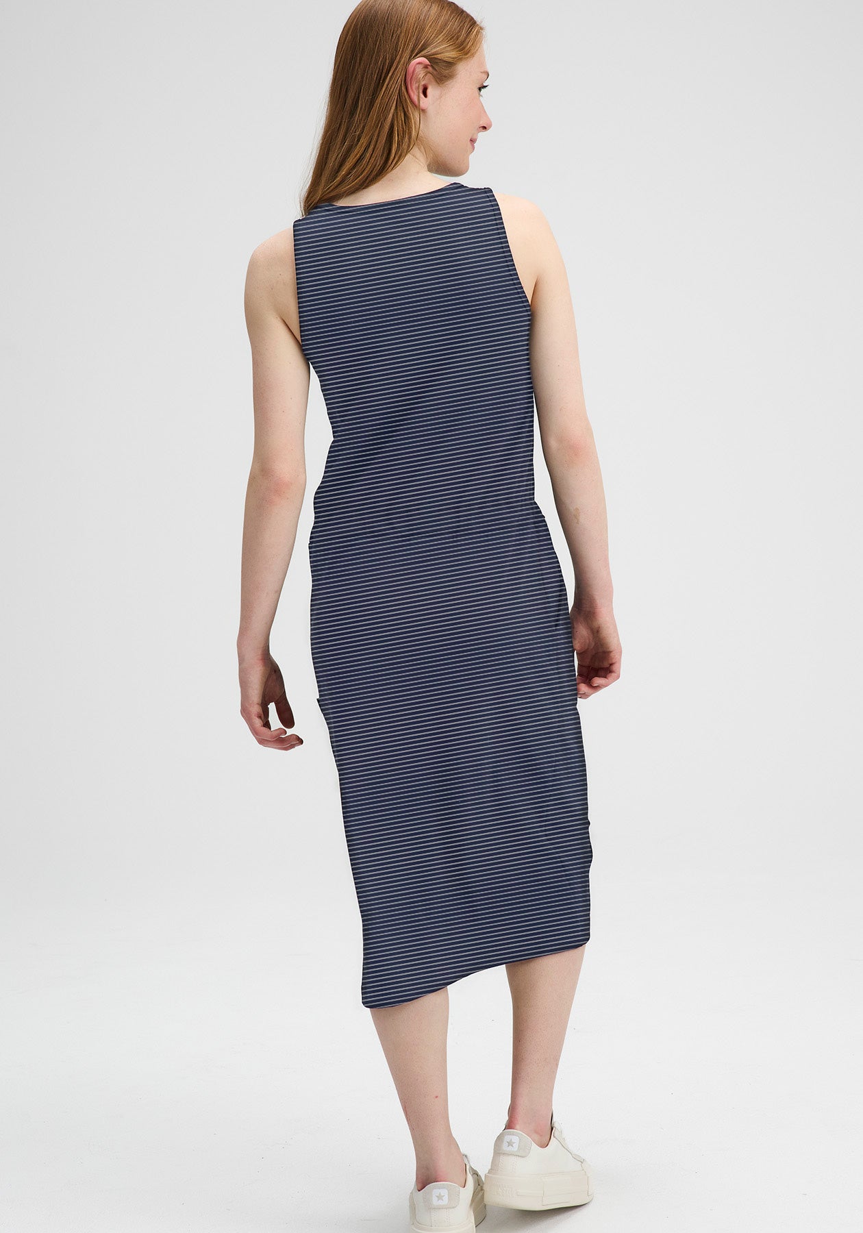 Kim – Sleeveless navy striped Dress in Bamboo and Organic Cotton, Made in Quebec