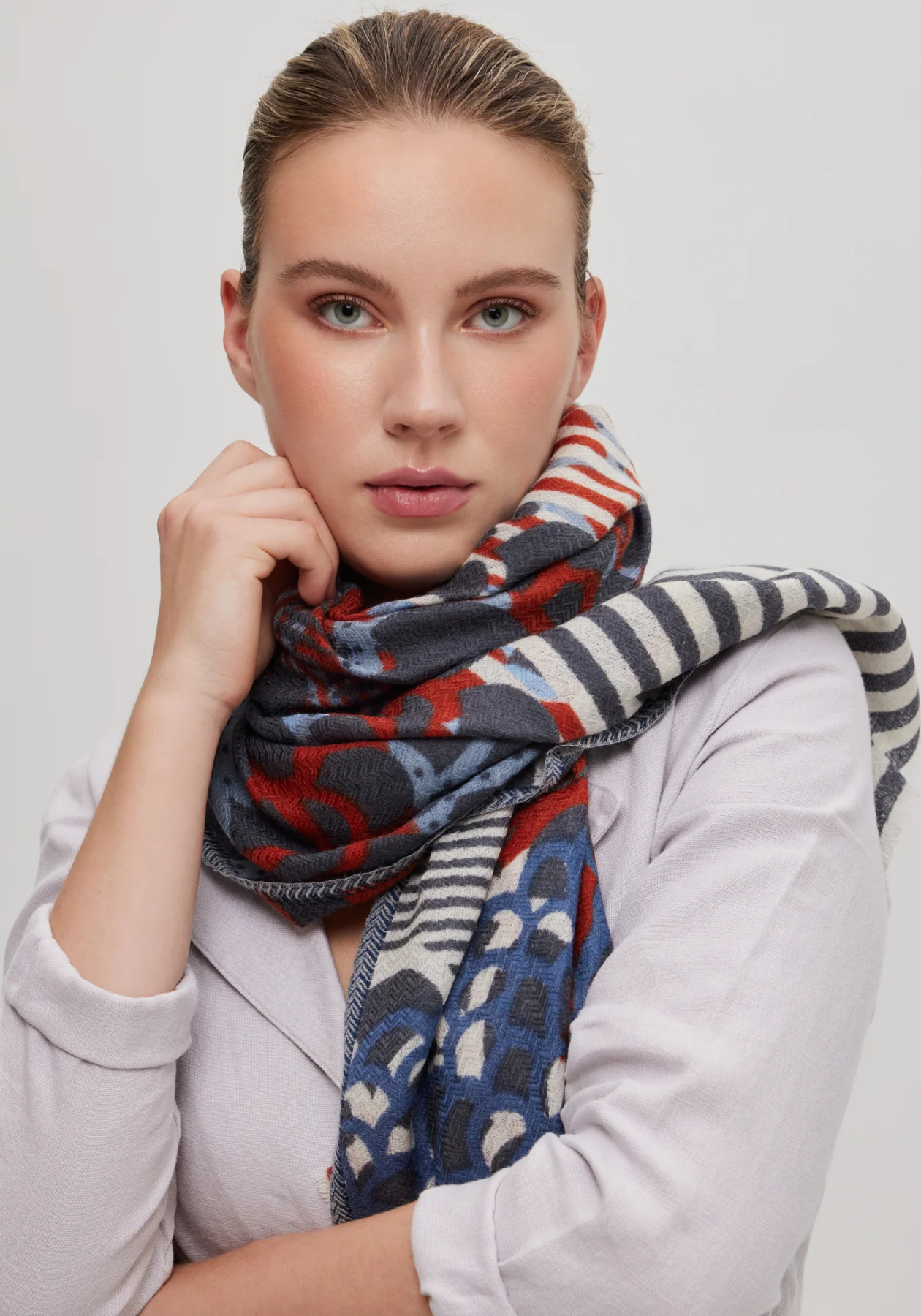 Écharpe de laine mérinos bleu et cognac - Céleste