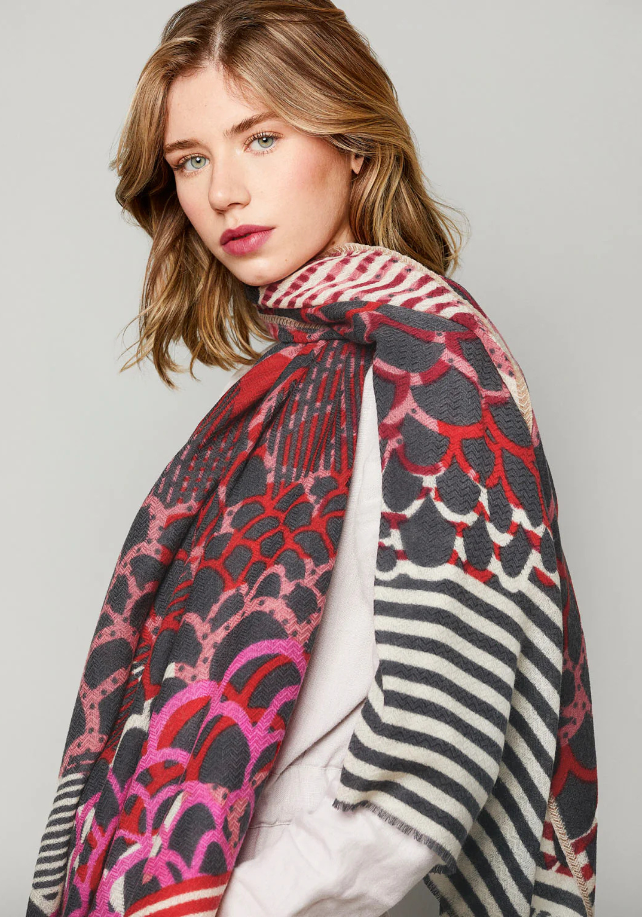 Écharpe de laine mérinos rouge et violet - Céleste