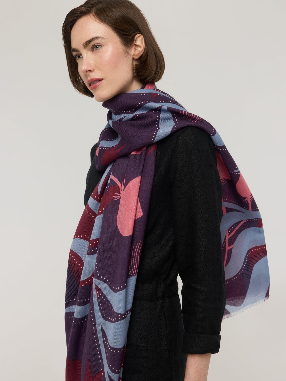 Écharpe en laine mérinos violet, rose & bleu - Canopée