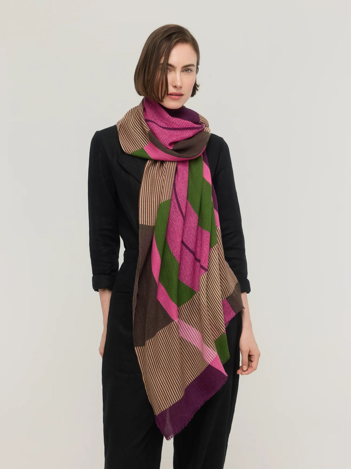 Écharpe en laine mérinos rose, vert & brun - Sillage