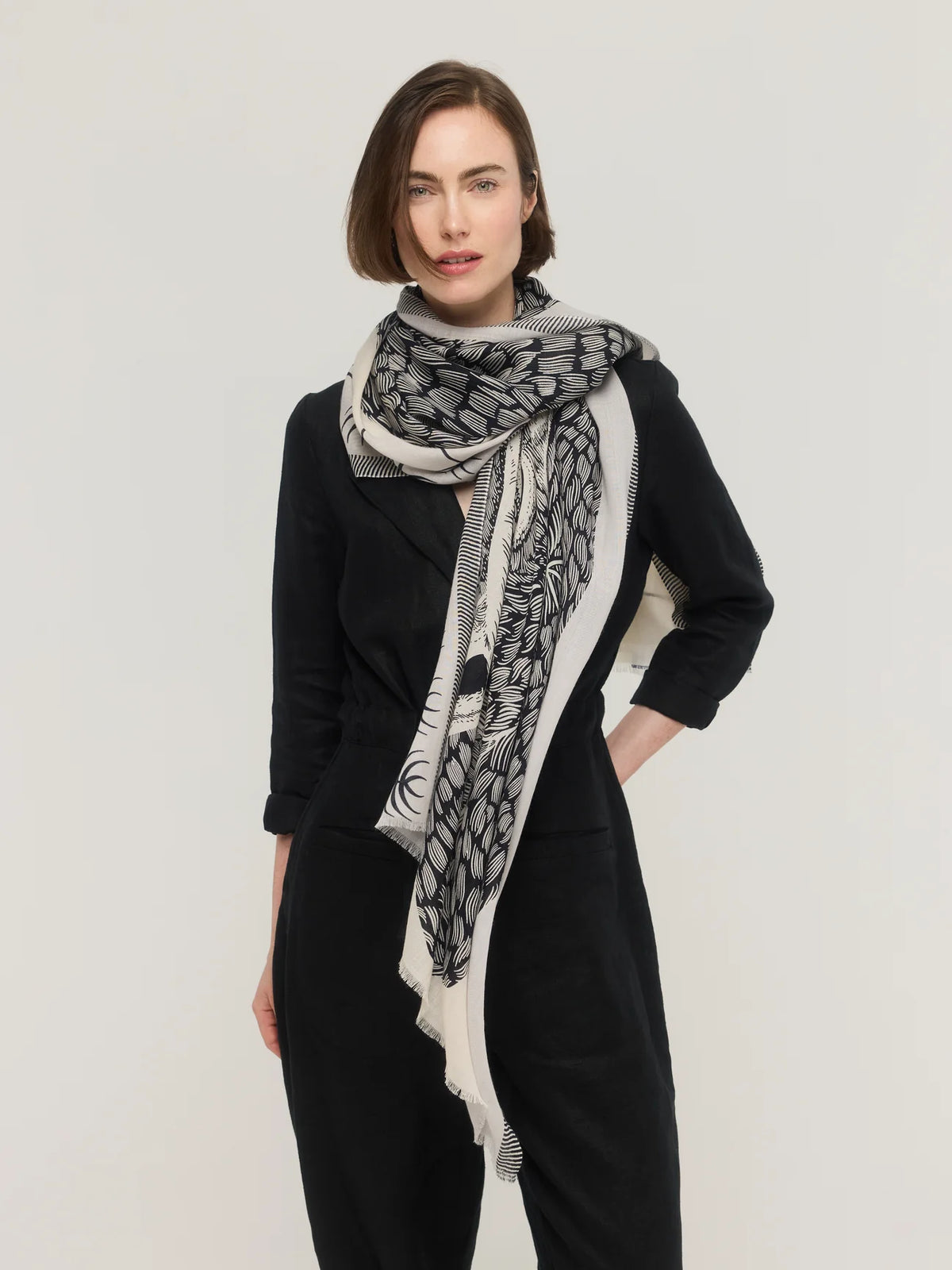 Merino Wool Scarf in Black & Ecru - Teddy