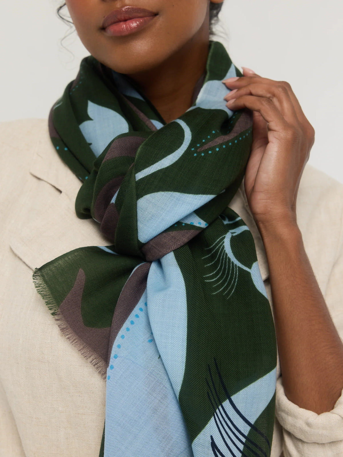 Merino Wool Scarf in Green, Brown & Sky Blue - Canopée