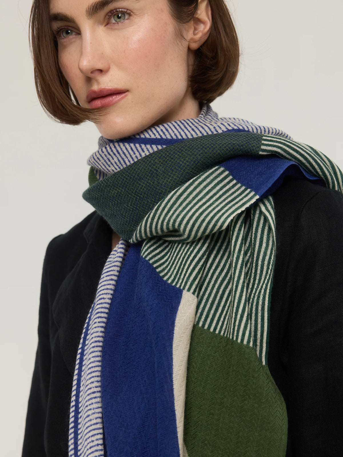 Écharpe en laine mérinos bleu, vert & écru - Sillage