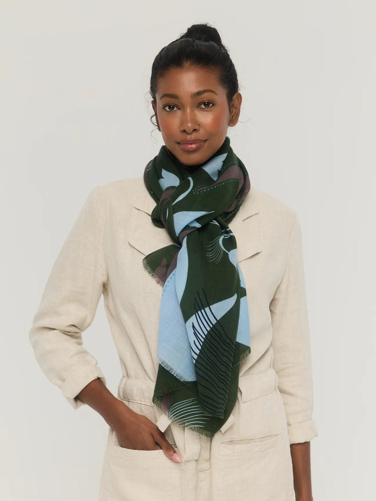 Merino Wool Scarf in Green, Brown & Sky Blue - Canopée