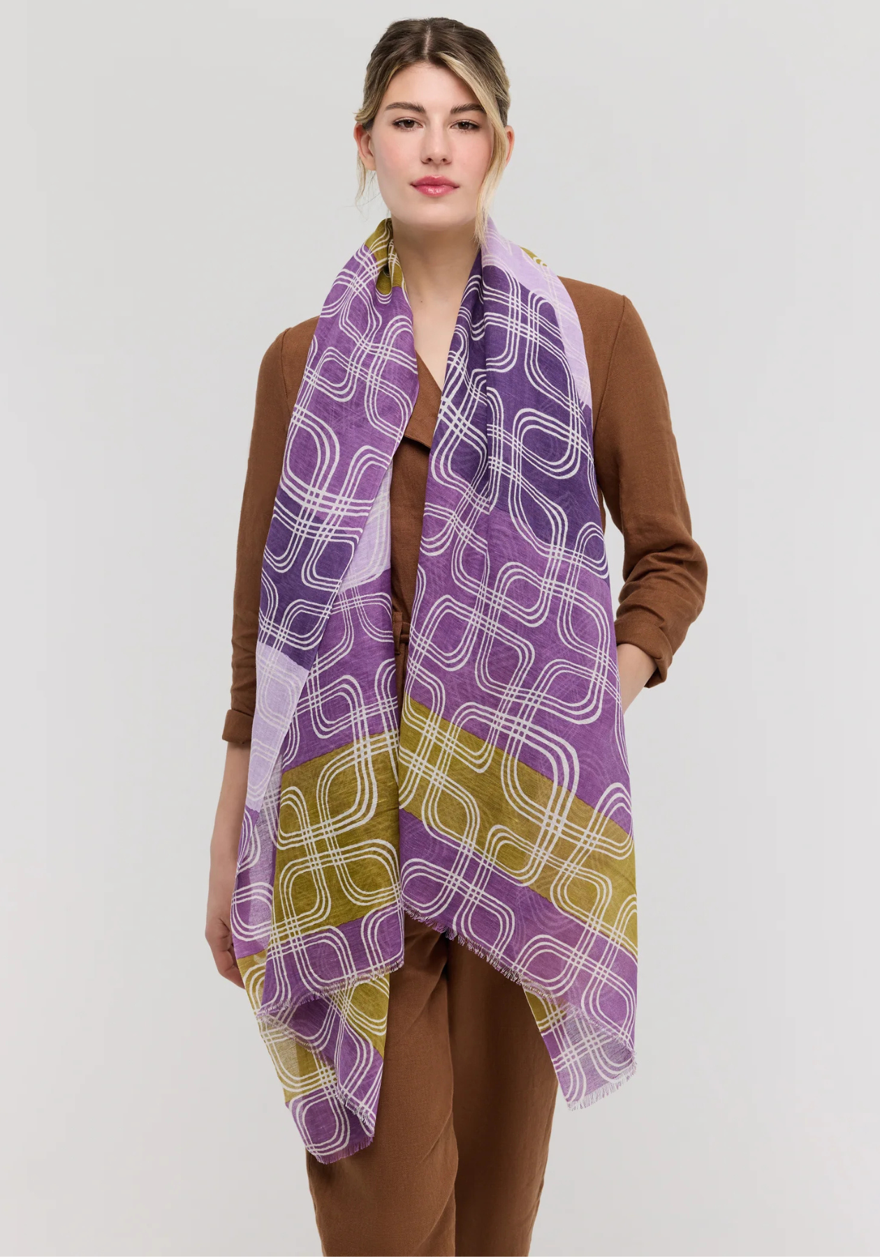Foulard en lin-coton violet et kaki – Rivage