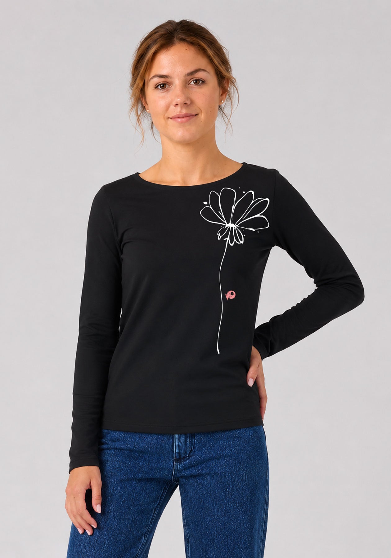 Lydia “Je me fais une fleur” Black Long Sleeve Top – Organic Cotton