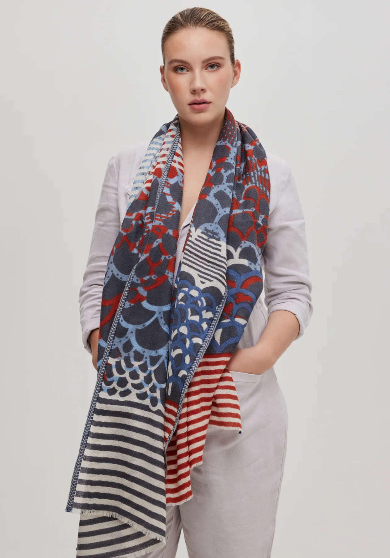 Écharpe de laine mérinos bleu et cognac - Céleste