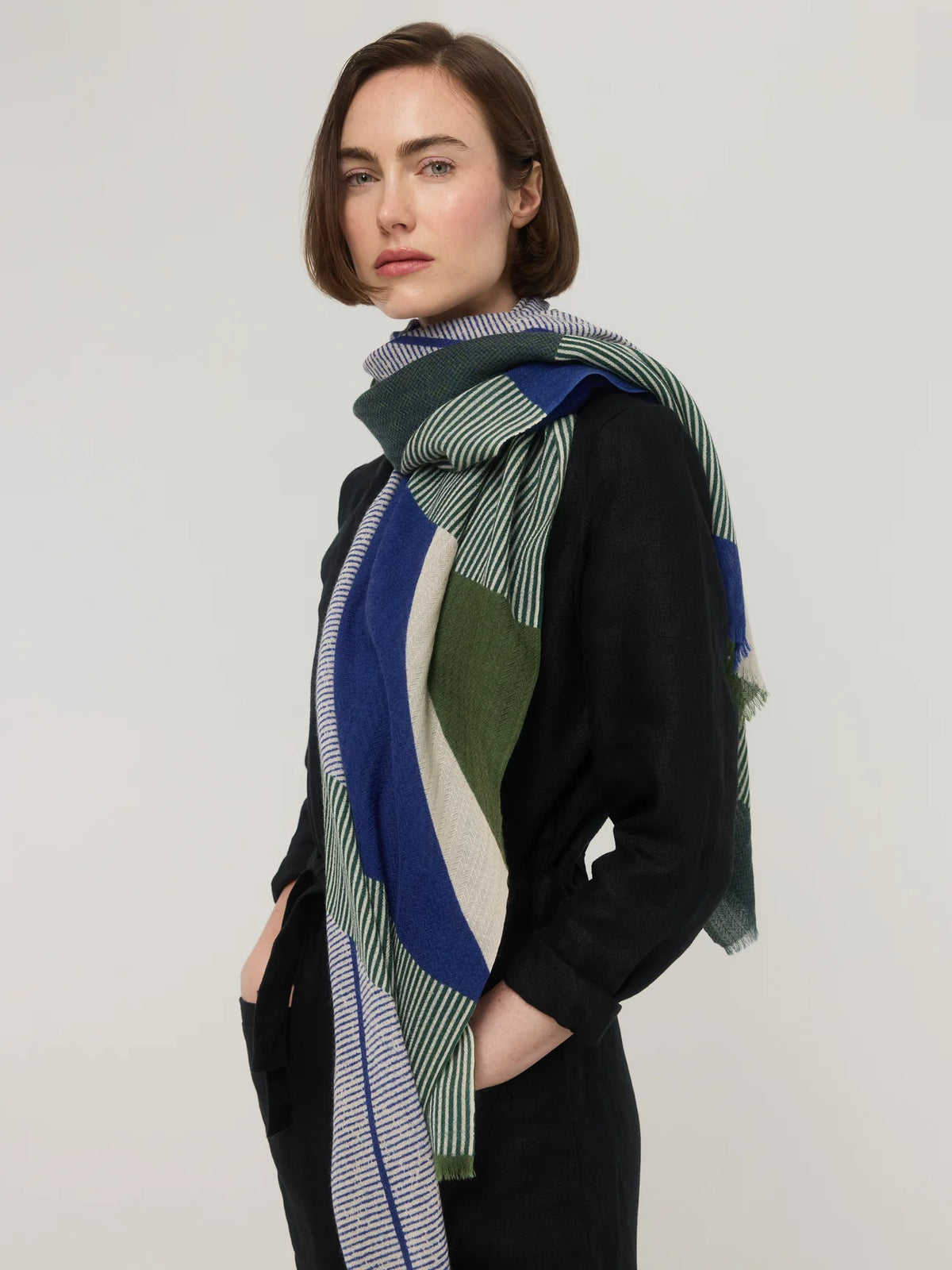 Écharpe en laine mérinos bleu, vert & écru - Sillage