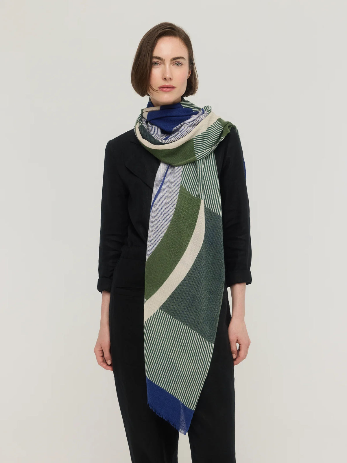 Écharpe en laine mérinos bleu, vert & écru - Sillage