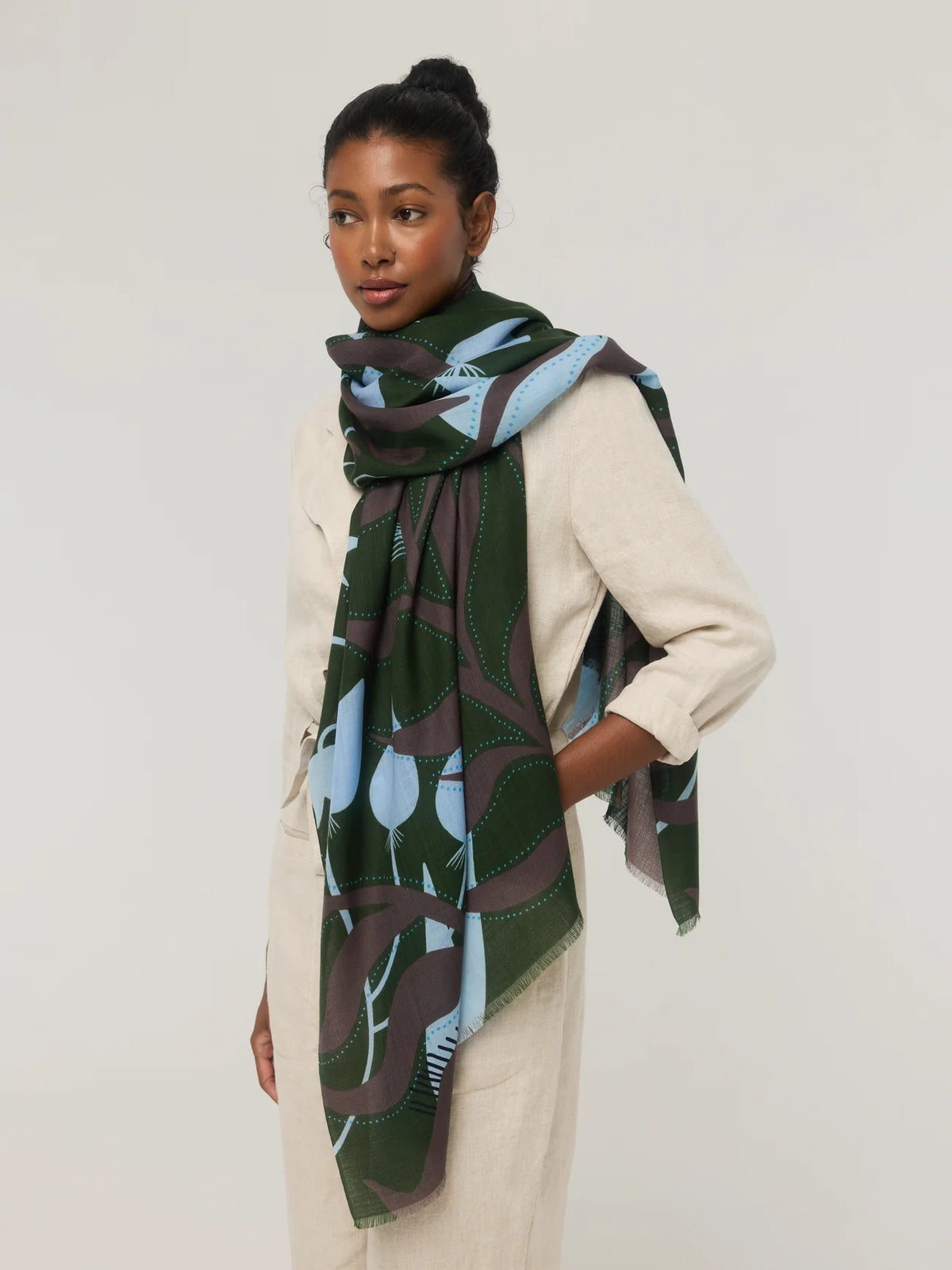 Merino Wool Scarf in Green, Brown & Sky Blue - Canopée 