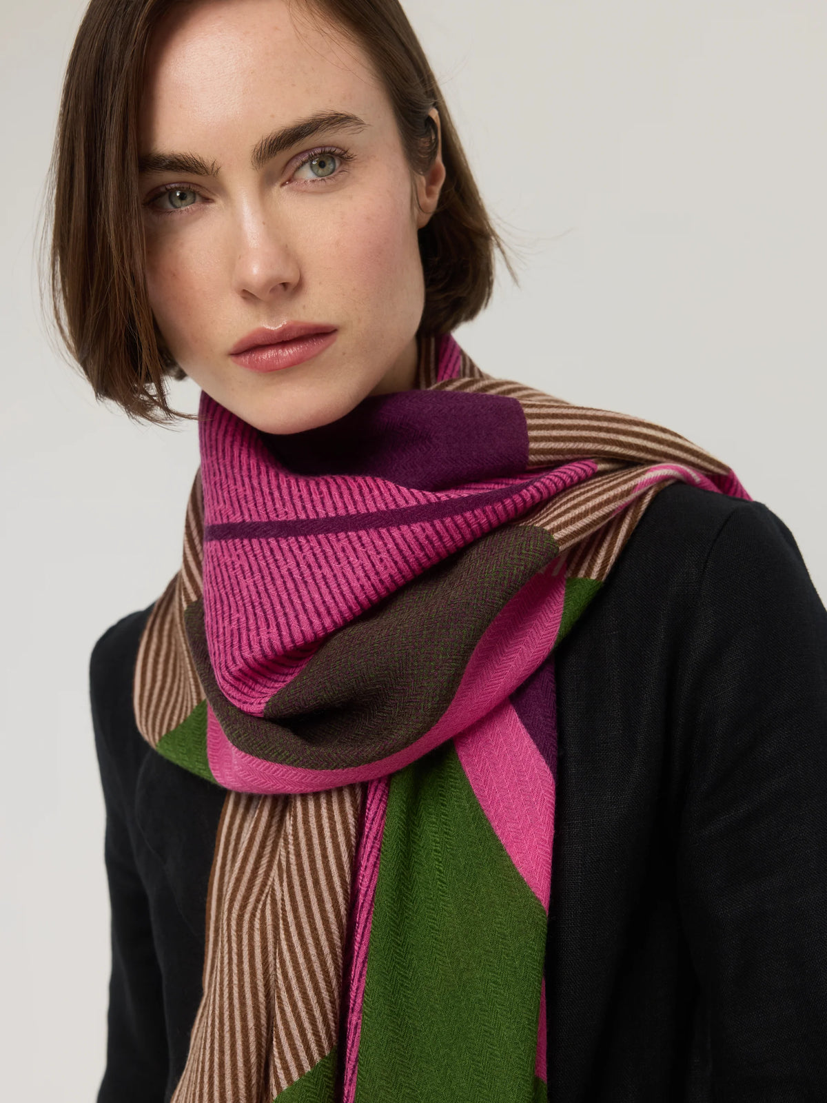 Merino Wool Scarf in Pink, Green & Brown - Sillage
