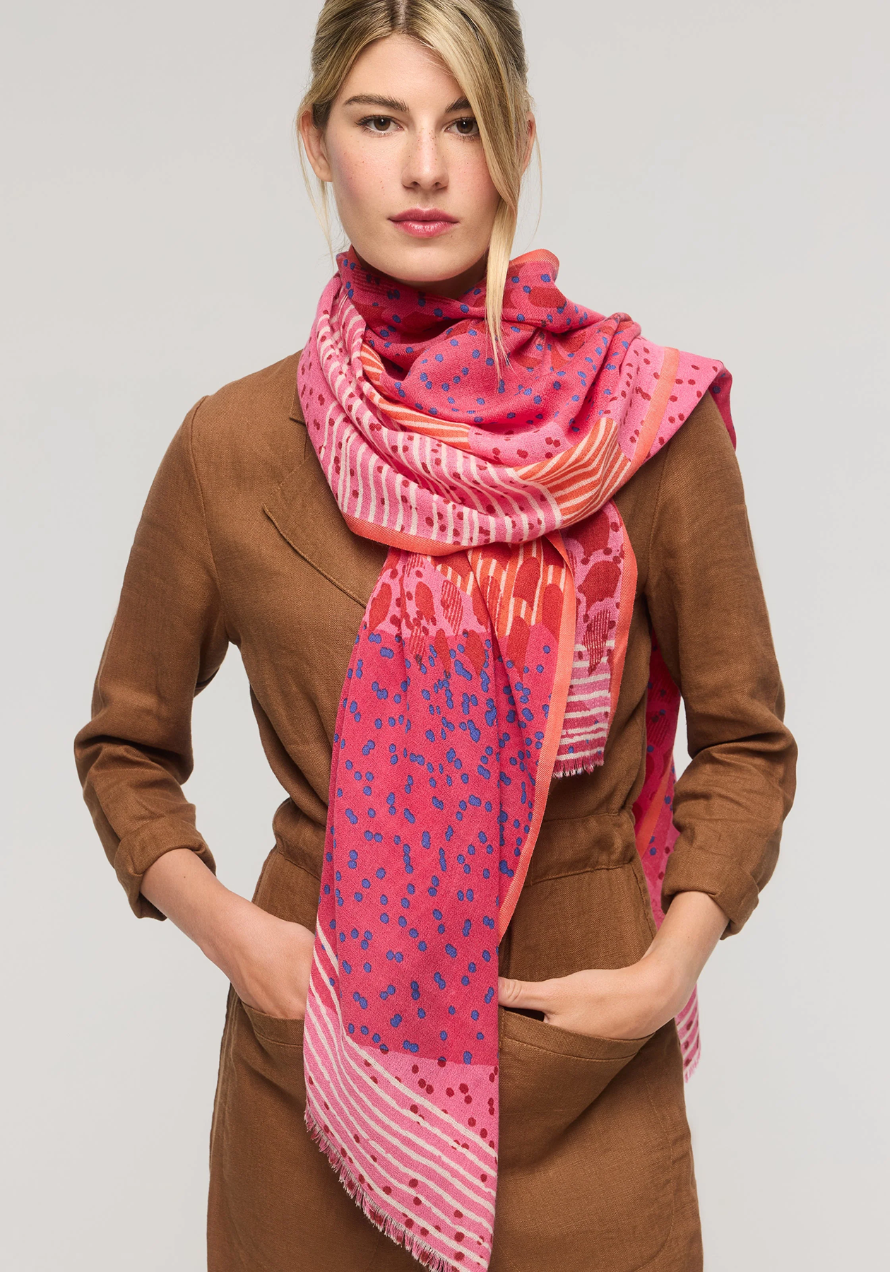 Écharpe en laine mérino Sonate - Rouge, orange et rose