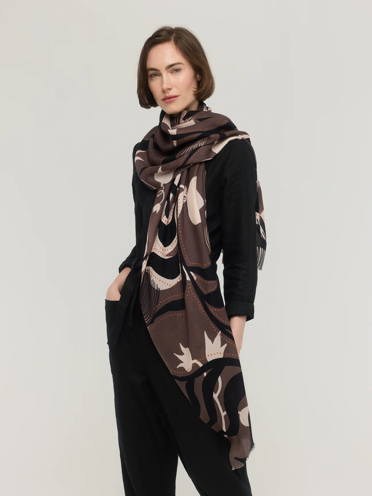 Écharpe en laine mérinos brun, noir & beige - Canopée